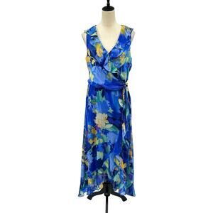 London Times Blue Colorful Floral Ruffle Splice Tie Waist Flounce Midi Dress